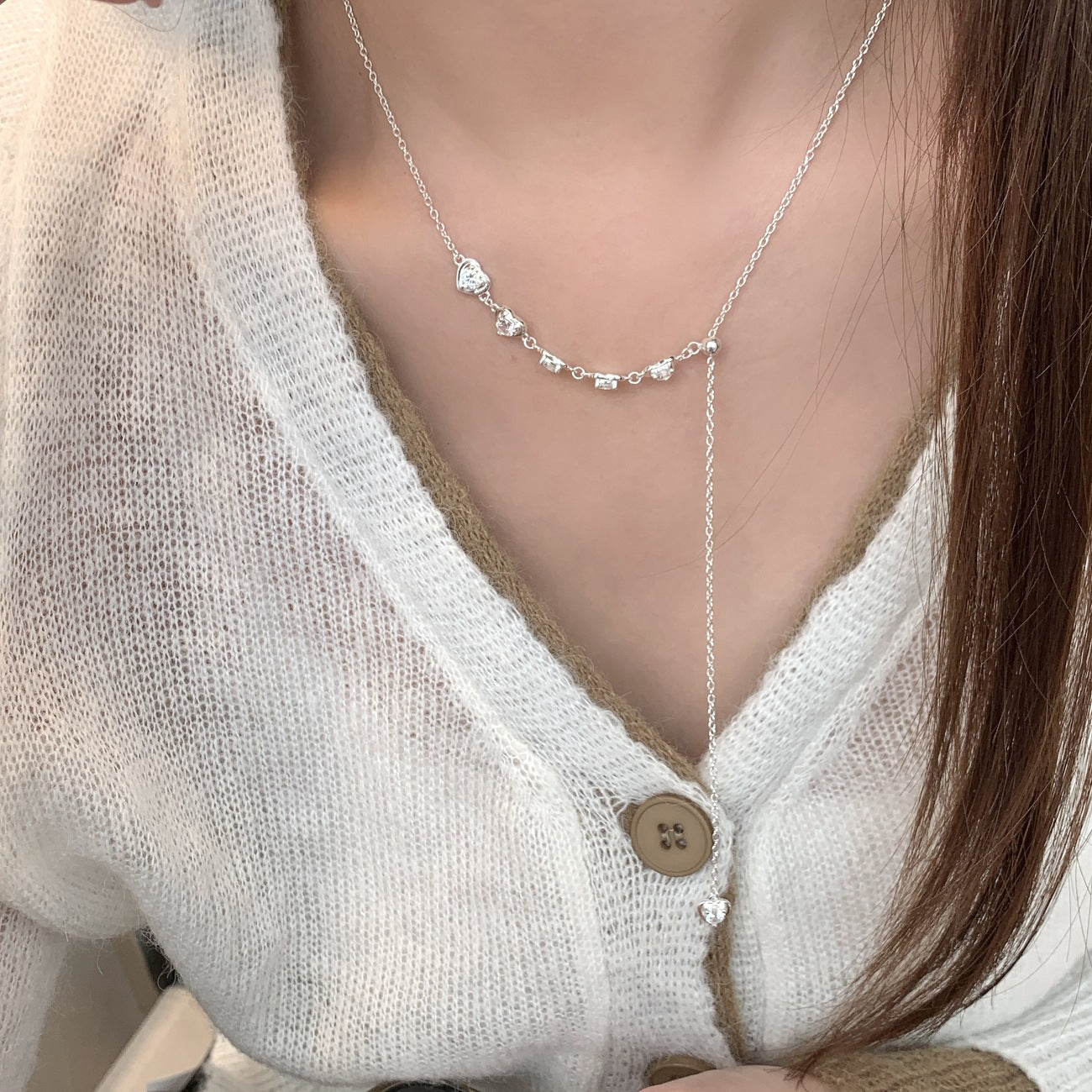 S925 Silver Delicate Zircon Heart Pull-Adjustable Necklace
