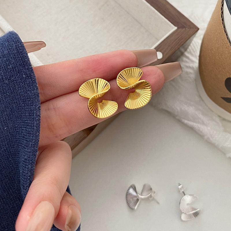 S925 Sterling Silver Pin Metal Fan-Shaped Minimalist Stud Earrings