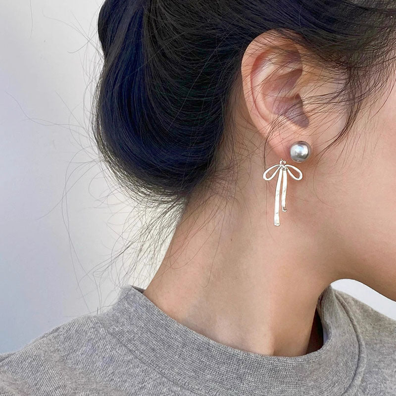 S925 Silver Gray Pearl Bowknot Stud Earrings