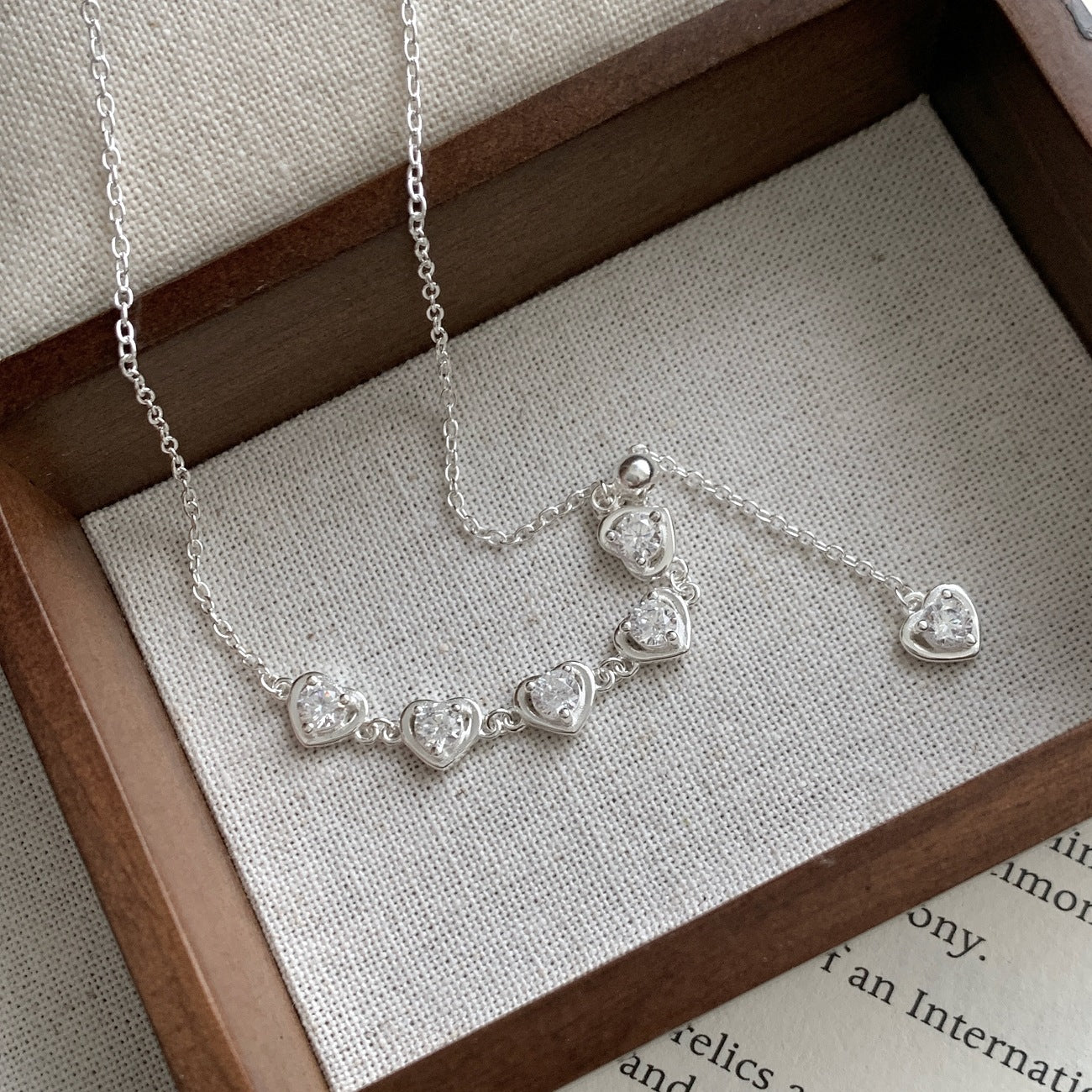 S925 Silver Delicate Zircon Heart Pull-Adjustable Necklace