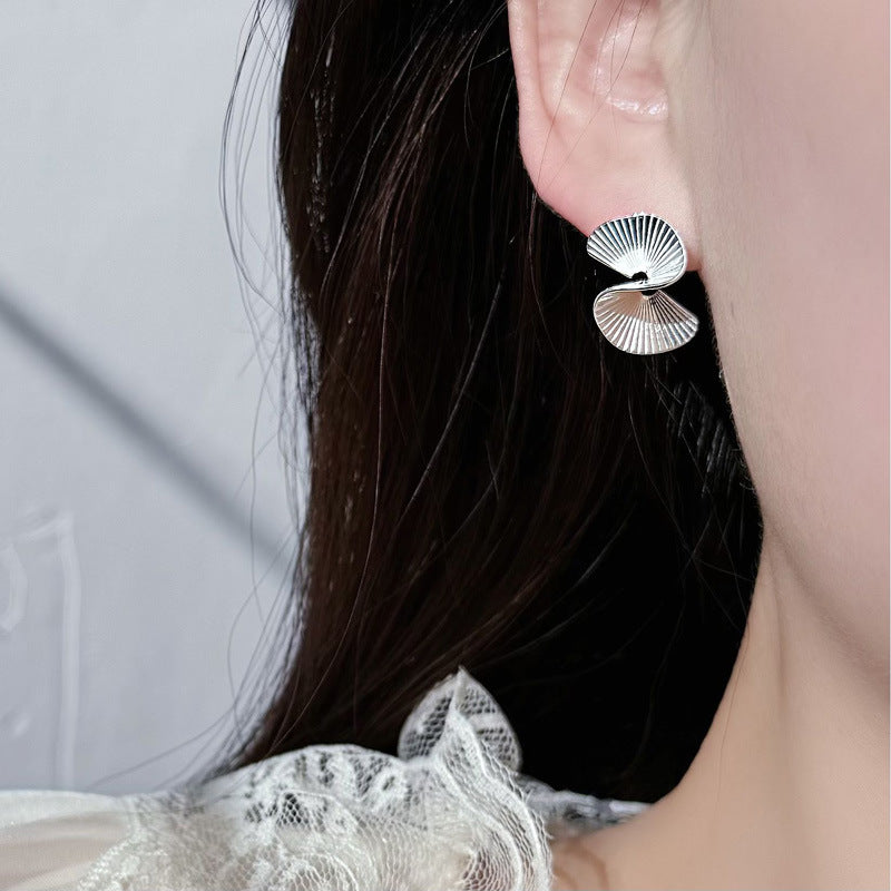 S925 Sterling Silver Pin Metal Fan-Shaped Minimalist Stud Earrings