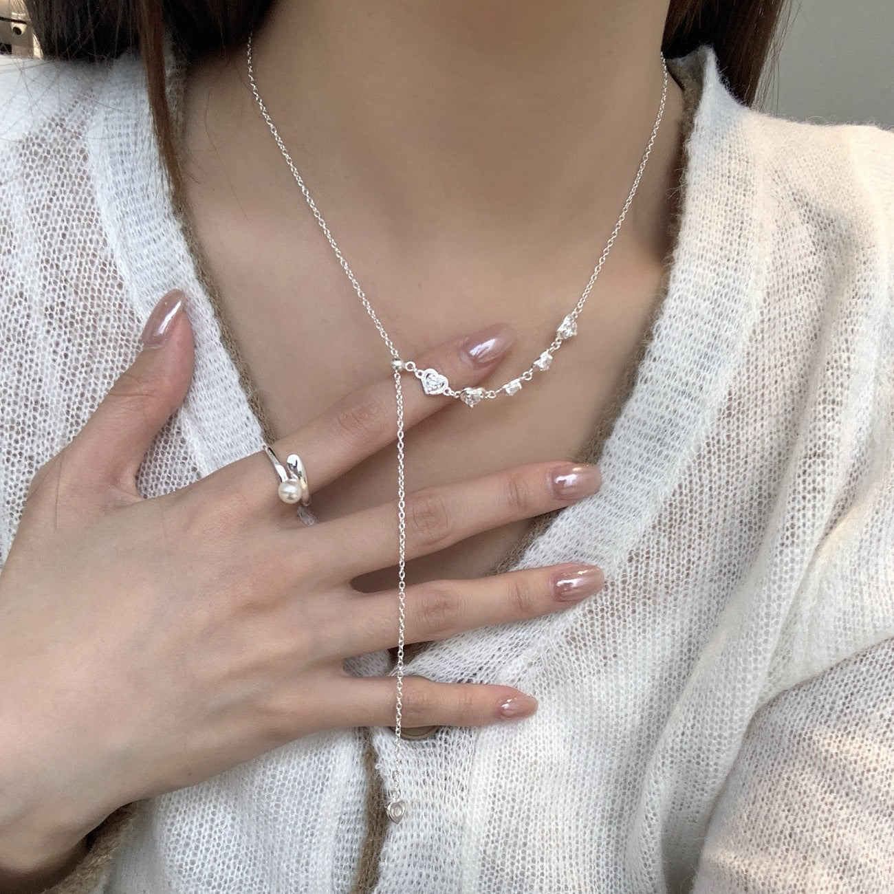 S925 Silver Delicate Zircon Heart Pull-Adjustable Necklace