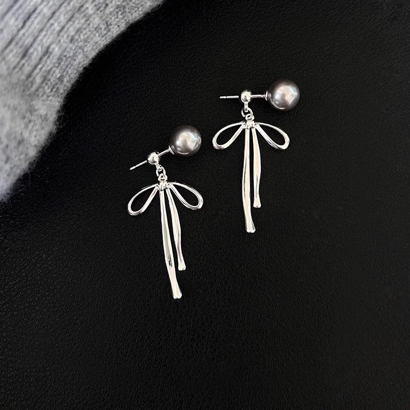 S925 Silver Gray Pearl Bowknot Stud Earrings