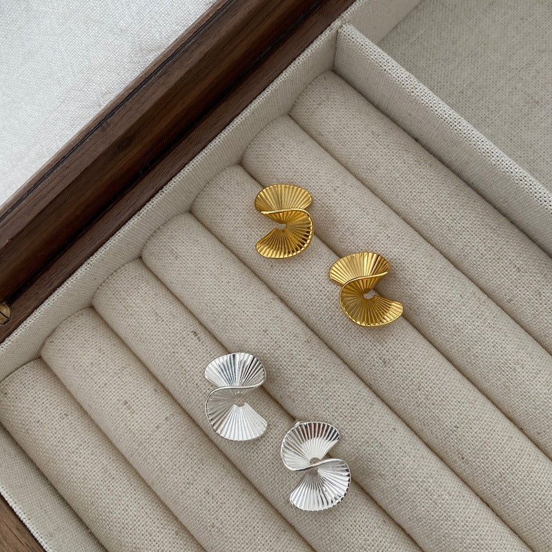 S925 Sterling Silver Pin Metal Fan-Shaped Minimalist Stud Earrings