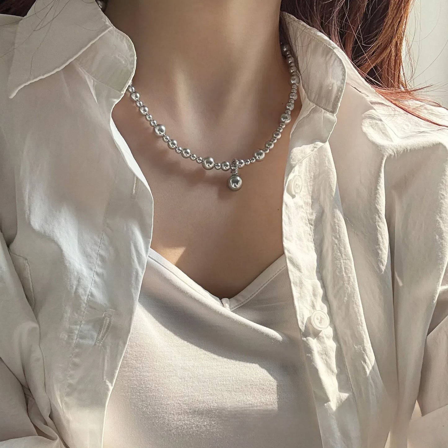 S925 Sterling Silver Gray Gradient Faux Pearl Sweater Chain Necklace