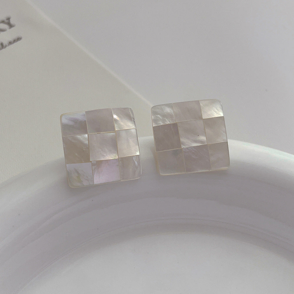 S925 Silver Pearl Mother-of-Pearl Square Minimalist Stud Earrings