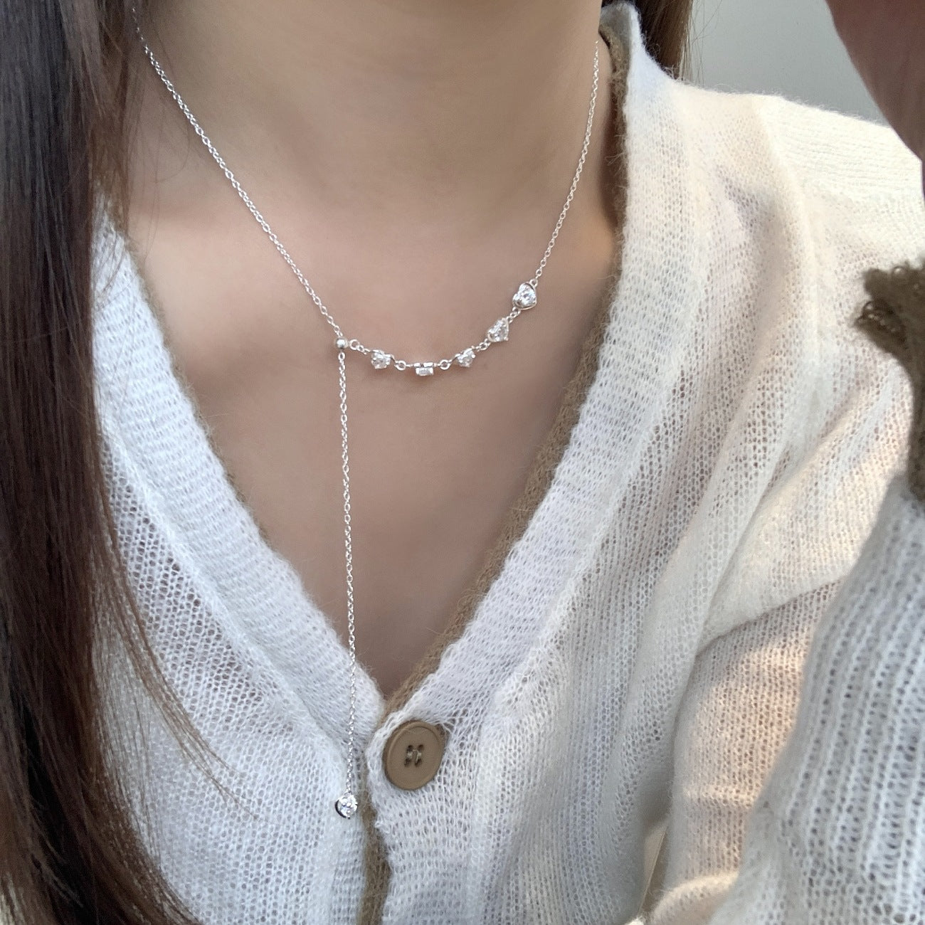 S925 Silver Delicate Zircon Heart Pull-Adjustable Necklace