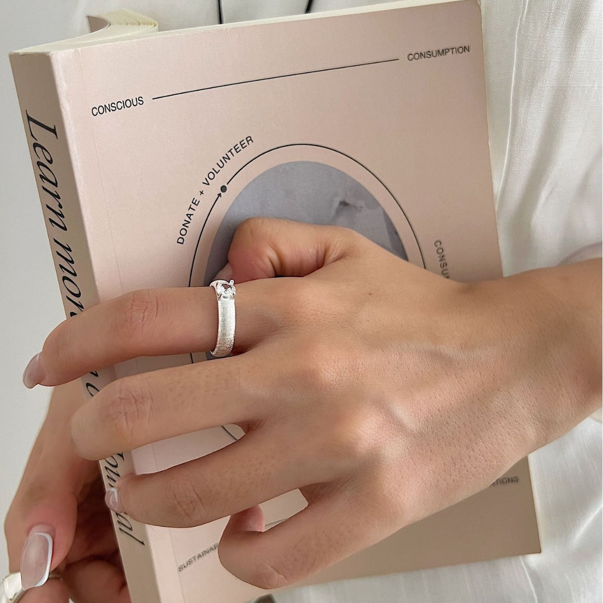 S925 Sterling Silver Vintage Brushed Zircon Plain Band Ring