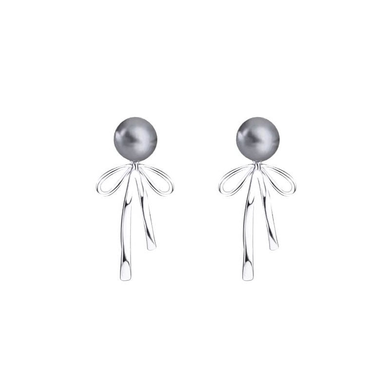 S925 Silver Gray Pearl Bowknot Stud Earrings