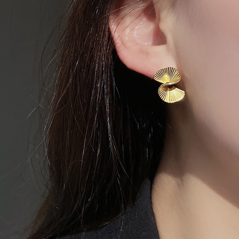 S925 Sterling Silver Pin Metal Fan-Shaped Minimalist Stud Earrings