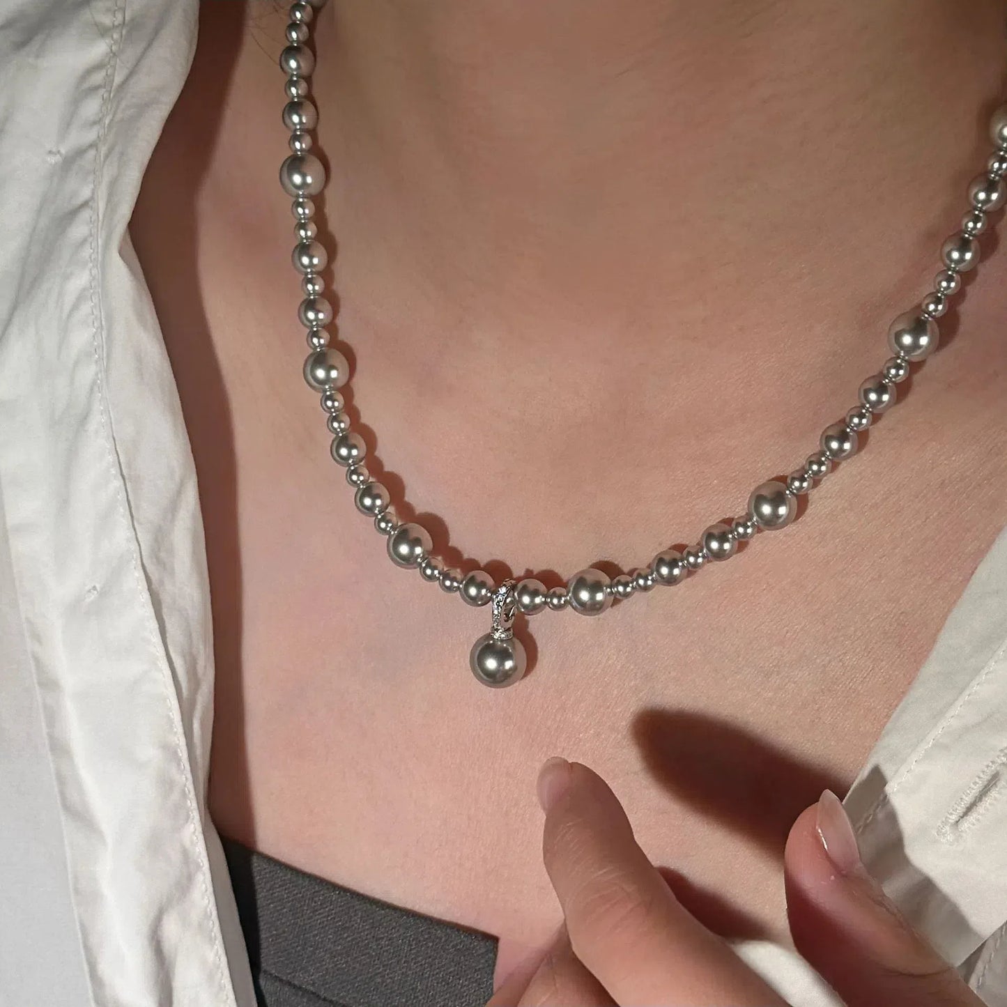 S925 Sterling Silver Gray Gradient Faux Pearl Sweater Chain Necklace