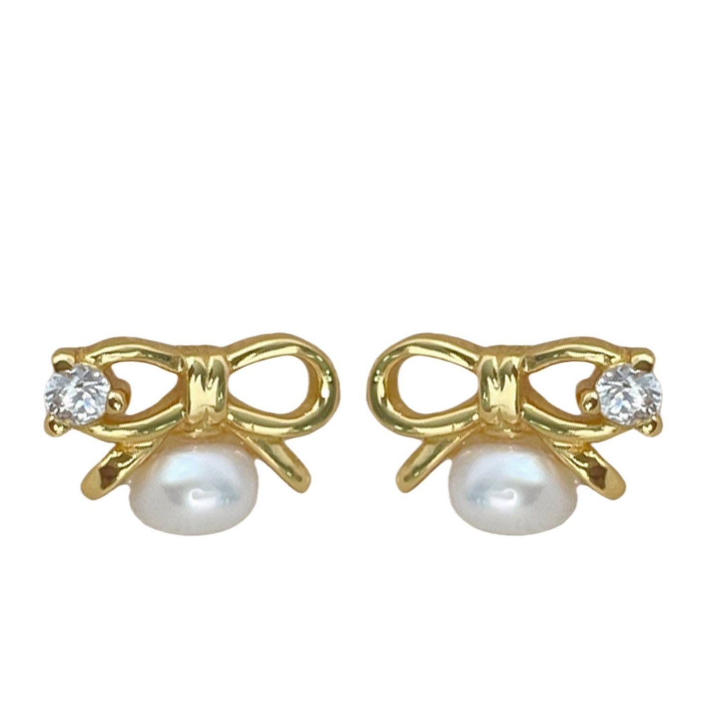 S925 Sterling Silver Micro-Paved Zircon Pearl Bow Stud Earrings