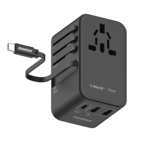 1-World+ 70W GaN 3-Port w/ Built-in USB-C Cable + AC Travel Adaptor