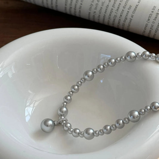 S925 Sterling Silver Gray Gradient Faux Pearl Sweater Chain Necklace