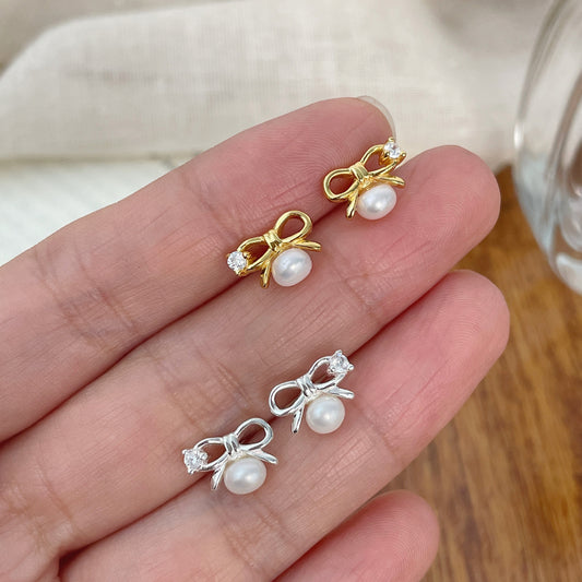 S925 Sterling Silver Micro-Paved Zircon Pearl Bow Stud Earrings