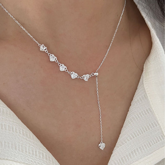 S925 Silver Delicate Zircon Heart Pull-Adjustable Necklace